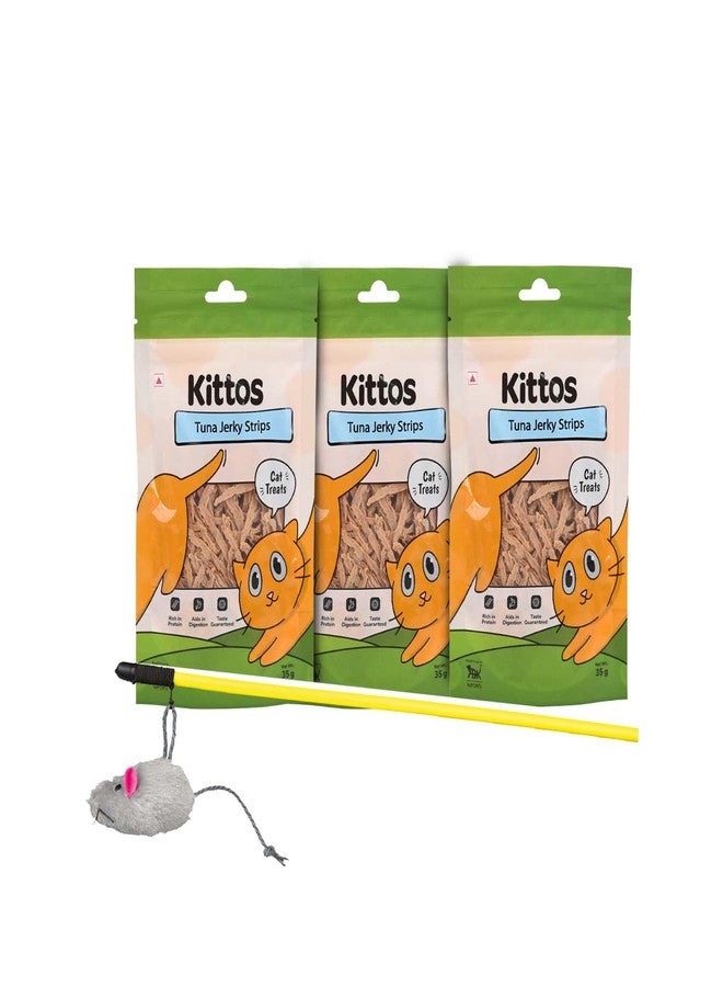 Trixie Combo of - Trixie Playing Rod with Plush Mouse, Dust with Catnip for Long-Lasting Play Session - 50 cm with Kittos Tuna Jerky Strip Cat Treats, 35 g Each for Training (Pack of 3) - Image 1
